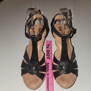 Born cork wedge 4 inch heel black sandels size 9 fits like 8.5